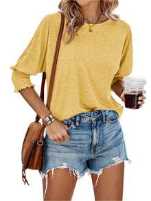 T-Shirts For Women 3/4 Sleeve Tops Solid Color Round Neck Loose Fit Shirts Blouses Tops - 黃色 - 查看 5