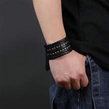 1条朋克风皮革手链，编织圆形铆钉，宽版皮革腕带，适合男士日常佩戴、摩托车骑行、装饰。 - 黑色 - 查看 6