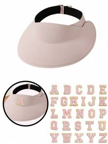 1顶春夏儿童尼龙透气遮阳帽，3色套装，含26个自粘刺绣字母贴纸，可调节户外防晒帽，DIY字母装饰时尚无帽檐帽，夏季降温帽 - 粉紅色(字母) - 查看 73