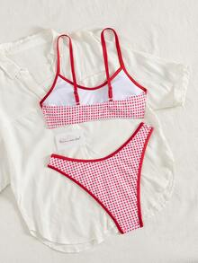 Set de 2 piezas Bikini de mujer con estampado de cuadros dulces y ribete de contraste, con tirantes ajustables. Conjunto de playa de moda adecuado para fiesta en la piscina, playa, vacaciones, tomar el sol, primavera/verano - Rojo, rosa, blanco - Ver 2