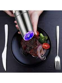 1件/2件套电动盐和胡椒研磨器，研磨粗细可调，电池供电，带LED灯，单手自动操作，不锈钢材质 - 彩色 - 查看 3