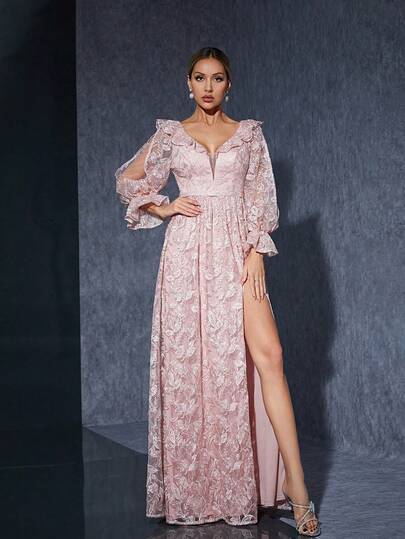 Anpoket Women Summer Elegant Embroidery Lace Pink Wedding Guest Party Dress, Deep V-Neck Ruffle Sheer Flared Sleeve High Slit A-Line Maxi Dress Evening Gown For Date Night Vacation