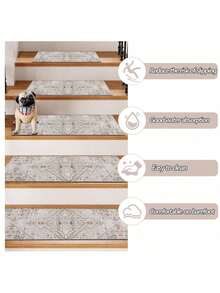 15 Non-Slip Rubber Stair Rugs, 20 X 76 Cm Each, Perfect For Indoor Wooden Staircases. Bohemian Rugs For Home Décor. Ideal For Pets And The Elderly. Available In Beige, Grey, Red, And Blue. - 米色 - 查看 3