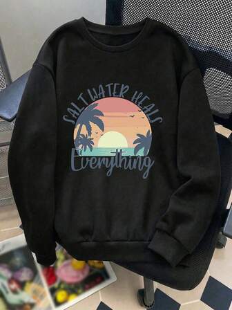 Plus Size Women's College Sunset Palm Tree Ocean "SALT WATER HEALS Everything" & "Everything" Text Pattern Sweatshirt Round Neck Long Sleeves Casual Spring/Summer/Fall Women's Plus-Size Long-Sleeved Sweatshirt Thanksgiving Day Going Out Tops Women,Vacation Outfits Women