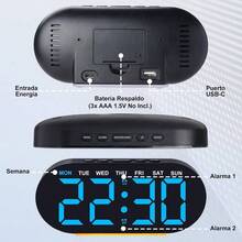 Reloj Despertador Digital con Luz Nocturna, Pantalla de inch para Bur, 3 Niveles de Brillo, Funcin Snooze, Fecha/Da, Temp, Cargador, Doble Alarma para Dormilones Profundosu200B - Azul - Ver 8