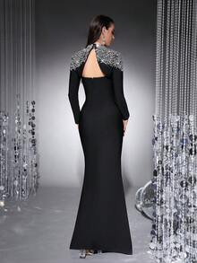 Elegant Women's Black Luxury Crystal Long Formal Evening Gown, High Neck Long Sleeve Mermaid Tie Waist Dress, Perfect For Formal Dinners, Weddings, Cocktail Parties, Red Carpets, Celebrity Events Party Spring - Black - View 6