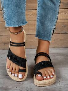 Handmade Beaded 3D Floral Thick Bottom Women's Sandals, Summer Bohemian Style Woven Lightweight Soft Bottom Slippers, Women's Adjustable Ankle Strap Beach Flip Flops - Black - View 12