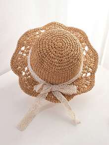 1顶儿童草编遮阳帽，适合1-2岁幼儿 - 透气编织扇形帽檐，带蕾丝蝴蝶结，甜美夏季沙滩/度假防晒帽 - 1PC - 查看 1