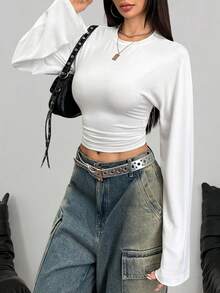 AITYI Studio Women's Top, Casual Daily Flare Sleeve Ruched Waist Fashionable Design Fitted Slimming Simple Elegant Vacation Commute Outdoor Y2K Baddie Back To School Graduation New Year Valentine's Day Spring/Autumn Knit Crew Neck Long Sleeve T-Shirt, Well Fitted - White - View 3