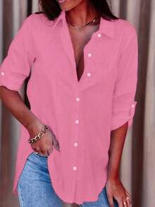 Plus Size Women Solid Color Button Decor Long Sleeve Casual Shirt Tops - Pink - View 1