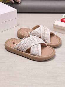 1 Pair Kids' Fashionable Criss-Cross Lightweight & Comfortable Striped Flat Slippers - Beige - View 3