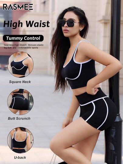 Set de 2 piezas de ropa deportiva sin costuras para mujer, top de tirantes de color contrastante + shorts a rayas contrastantes, comodidad todo el día, estiramiento de 360°, diseño sin costuras, ideal para deportes, casual, entrenamiento, correr