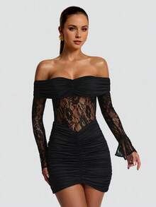 Solid Color Sexy Elegant Lace Backless Ruffle Lace Patchwork Beach Wedding Party Formal Evening Homecoming Dress - Black - View 4