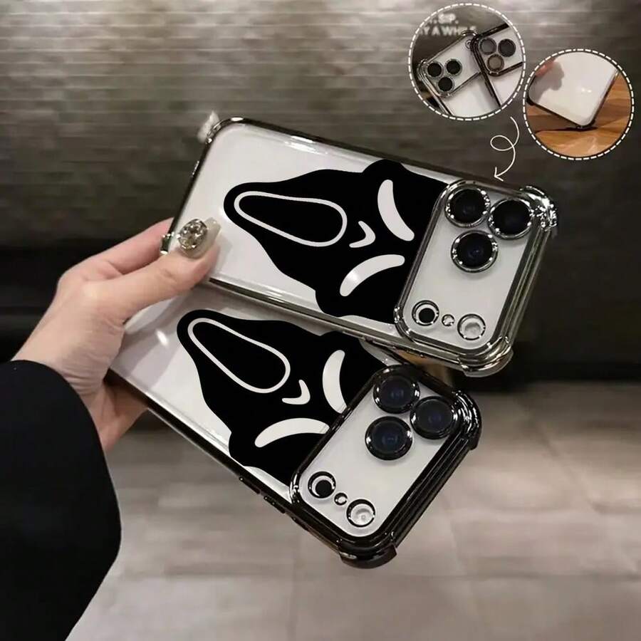 Carcasa de teléfono con diseño de máscara de grito negro y blanco con bordes dorados protección completa con esquinas anticaídas TPU transparente ultra resistente para iPhone 16 15 14 13 12 11 Plus Pro Pro Max regalo ideal para Navidad para amigos pareja o tú mismo - Morado - Ver 1