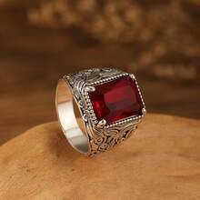 1入組歐美風格時尚復古紅色鑲嵌男士日期戒指 - 復古銀色 - 查看 6