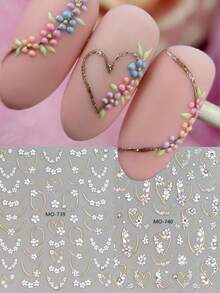 2pcs 5D Floral Nail Art Stickers, French Floral Geometric Love Pattern, Pink Sakura Design, Suitable For Women And Girls DIY Manicure, Valentine's Day Gift - Multicolor - View 2