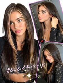 13*4 Front Lace Blended Wig Dark Brown With Light Brown Highlights Multi-Layered Elegant Enchanting Wig Blended Wigs Suitable For Daily Party Festival And Cosplay Wigs For Women Hairstyle