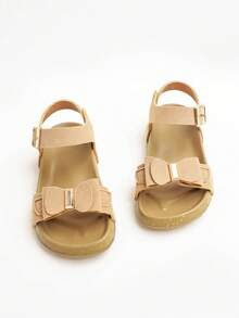 1 par de sandalias planas elegantes de mujer con lazo de unicolor, cómodas y duraderas, adecuadas para actividades al aire libre, verano - Caqui - Ver 2
