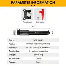 WEST BIKING 手动迷你自行车气筒 轮胎充气泵 美式/法式气嘴 球形针管 软管 山地车配件 便携式自行车气筒 - 黑色 - 查看 9