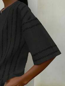 两件套女士休闲优雅竖条纹圆领短袖T恤和裤子套装，波西米亚风亚麻面料，返校季穿搭，完美休闲套装，时尚夏季上衣和裤子 - 淺藍色 - 查看 7