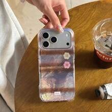 Soft Feather Chiffon Dual Layer Pink Gray Brown Striped Floral Button 17 Pro Max Phone Case, Compatible With Iphone 16 Pro Max, 15 Pro, 14, 13, Cute & Fashionable For Girls - Multicolor - View 3