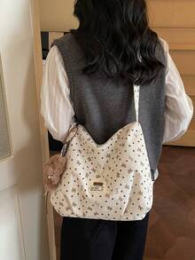 Korean Minimalist Polka Dot Canvas Tote Bag, New Large Capacity Shoulder Bag, Fashionable Commuter Handbag With Pendant - Multicolor - View 10
