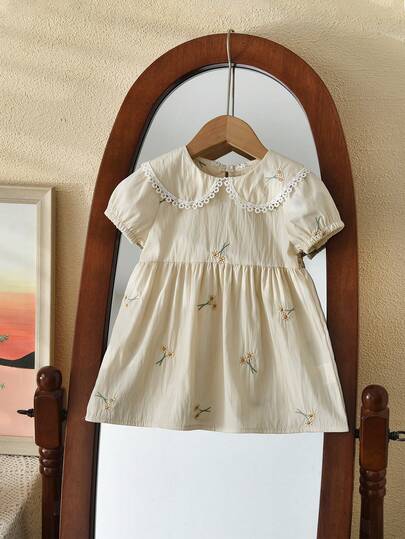 bearleader Infant Girls' Floral Embroidery Short Sleeve Dress, Fashionable Lapel Toddler Clothing, Suitable For 6 Months To 3 Years Old Baby
