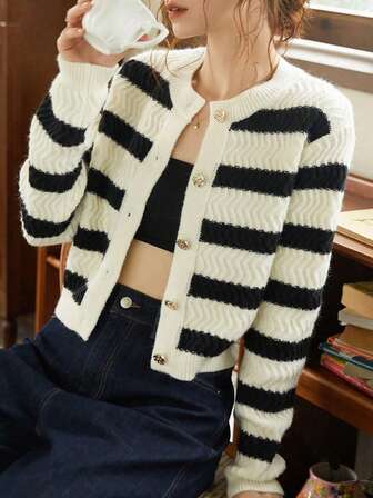 Knit Mix Women's Knitted French Commuter Cardigan, Striped Round Neck Long Sleeve Button Front Loose Fit, Fashionable Back To School Season Women's Autumn/Winter Clothing