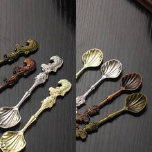 4件套复古鲤鱼/美人鱼咖啡勺、创意贝壳甜点勺、欧式复古鱼形搅拌茶匙、小茶匙、咖啡吧配件