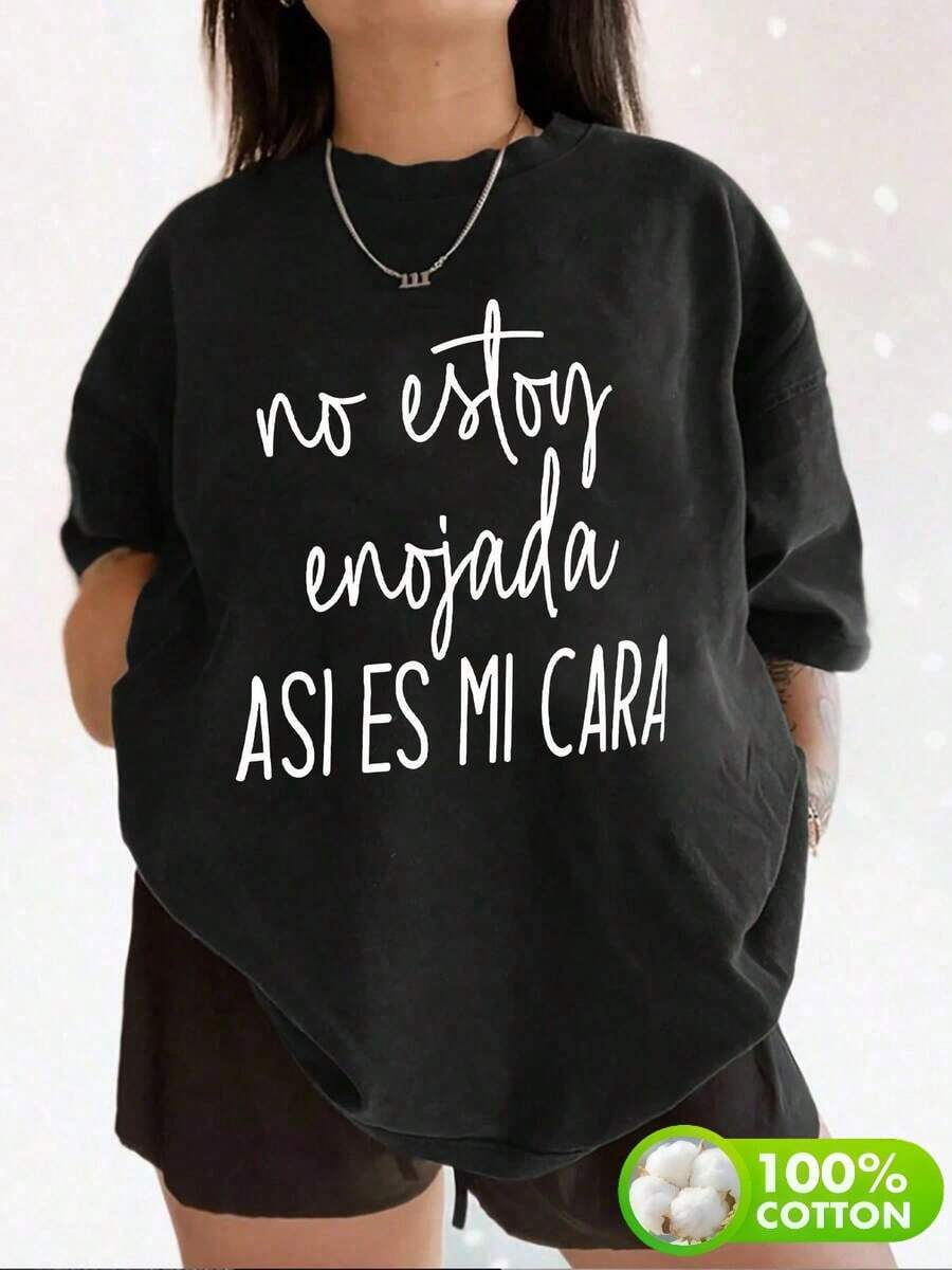 Playera informal de verano para mujer con estampado de humor, cuello redondo, manga corta - Negro - Ver 1