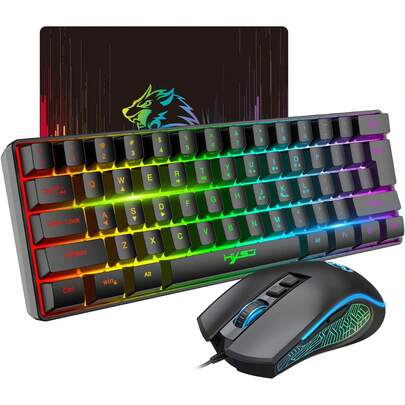 Gaming-Tastatur- und Maus-Set, 60 % Kompakte Tastatur mit 61 Tasten (TKL-Layout), RGB-Beleuchtung, Gaming-Maus mit optischem Sensor, 7 Tasten, 7-farbige LED-Beleuchtung, bis zu 3600 DPI