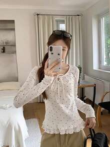 Polka Dot Frill Trim Long Sleeve T-Shirt For Women, Bowknot Tie Design, Slim Fit Round Neck Undershirt - White - View 2