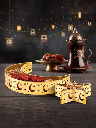 1 set, Halvmåne, Förgylld, Metallbricka, Snackstallrik, Fruktfat, Dessertställ, Eid-dekoration, Juldekoration, Festtillbehör, Heminredning, Mittdekoration, Nötskål, Torkad fruktställ, Ramadan Eid, Jul, Nyårsfest, Firande, Gåva