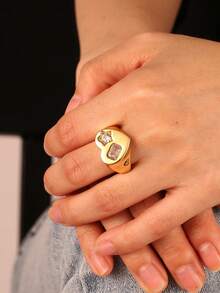 Charm-In 1pc Gold-Color Round Star Zirconia Stone Ring For Women, Daily Jewelry - Gold Model 4 - View 4