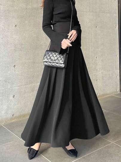 纯色高腰优雅长款喇叭裙