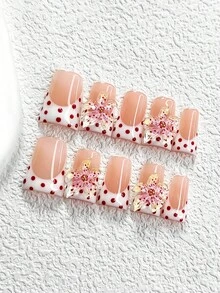 10片法式美甲贴纸，手工复古假指甲，红色波点美甲贴纸，3D五瓣花美甲配件，裸色指甲油，三种形状可选：杏仁形、鸭嘴形、棺材形，包含美甲工具（1片果冻贴纸+1个指甲锉），适合女孩/女性，也适合拍照和聚会等场合。手工美甲贴纸。 - 彩色 - 查看 2