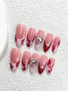 10 piezas de pegatinas de uñas francesas de estilo hecho a mano, en colores rojo y blanco, de estilo romántico, con diseños de pétalos rojos, estrellas, corazones dobles y diamantes, en colores nude, disponibles en 3 tamaños: almendra, pico de pato y forma de ataúd, incluye herramientas para uñas (1 pegatina de gelatina + 1 lima de uñas), adecuado como regalo para niñas/mujeres, también adecuado para reuniones grupales o suministros de uñas para citas - Multicolor - Ver 14