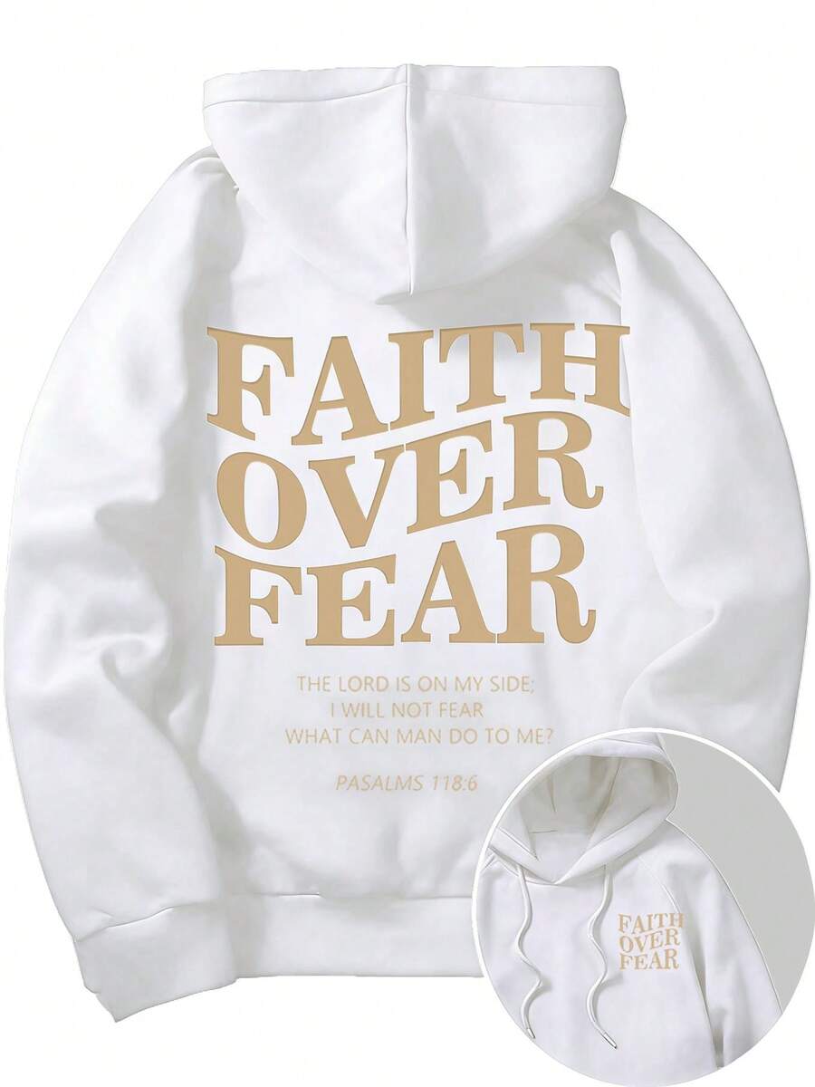 Men's Letter Graphic Hoodies Long Sleeve Faith Over Fear Hoodies Pullover Sweatshirt StreetwearBack To School Hoodie Teen, A Great Gift For Boyfriend - 白色 - 查看 1