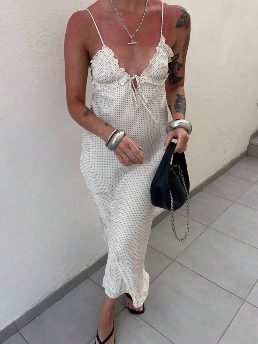 Elegant Sexy Polka Dot Print Frill Trim Camisole Dress - White - View 1
