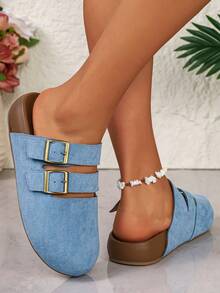 Women's Flat Slip-On Casual Bohemian PU Leather Sandals, Suitable For Home, Vacation, Office In Autumn - Blue - View 5