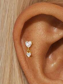 1Pc 925 Sterling Silver Exquisite And Elegant Heart-Shaped Double Buckle Cubic Zirconia Flat Back Cartilage Helix Piercing For Women Daily Party Anniversary Wear - Love - View 2