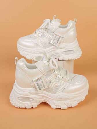 Women's Platform Sneakers, Solid Color Casual Outdoor Lace-Up Mesh Splice Breathable Comfortable Hidden Wedge Fashionable Versatile Ladies Leisure Shoes, Spring/Autumn