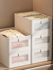 One Beige Storage Basket With A Transparent Window. Stackable, Durable Material, Multi-Functional Storage Box Suitable For Clothing Organization And Wardrobe Storage. Foldable Design For Easy Storage. Can Be Used For Clothing Sorting Or As A General Storage Box. - Multicolor - View 12