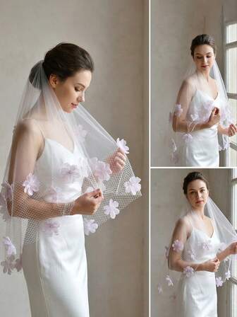 1 st brudslöja med rombnät, rosa 3D-blomdekor, söt och elegant, lämplig för catwalk, scenframträdande, alla hjärtans dag-present