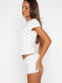 Womens 2 Piece Polka Dot Print Pajamas Sets Half Sleeve Round Neck Crop Camisoles Tank Tops With Elastic Midi Shorts Sets Pj Sleepwear Going Out Outfits - trắng - Xem 4