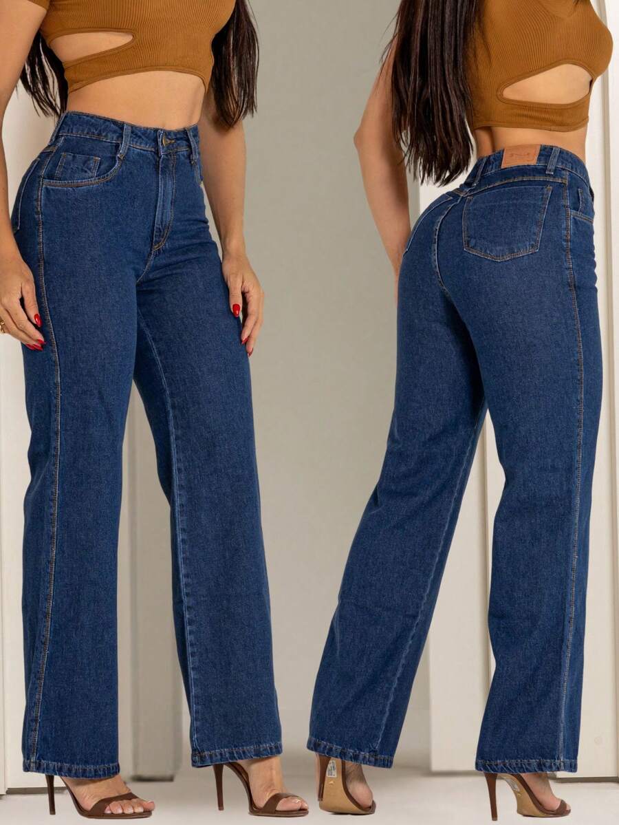 Women's Black Wide Leg Jeans, High Waist, 100% Cotton, No Lycra - 深色洗 - 查看 1