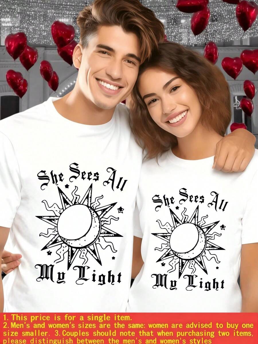 She Sees All My Light Sun And He Loves All My Dark Moon 1pcs Unisex Tshirt Couple Pajamas Valentine's Day Gifts For Her/His 100% Cotton - Female-wh - View 1