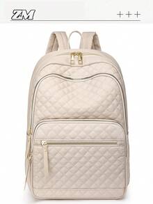 Ransel Wanita Bahan Nylon Warna Polos Berbahan Quilted, Kapasitas Besar, Serbaguna, Ransel Minimalis Kasual untuk Pelajar, Tas Perjalanan, Tas Komuter - Krem - View 11
