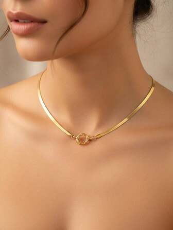 1 件时尚新款不锈钢电镀金色扁平蛇骨项链，女士饰品。