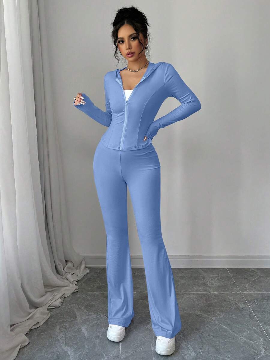 abyoxi 2pcs/Set Solid Color Hooded Zip-Up Long Sleeve Sporty Top And Flared Pants, Fashionable Casual Outfit For Outdoor, Street, Sports, Daily Wear, Showcasing Personal Style, Autumn/Winter Women - Blue - View 1